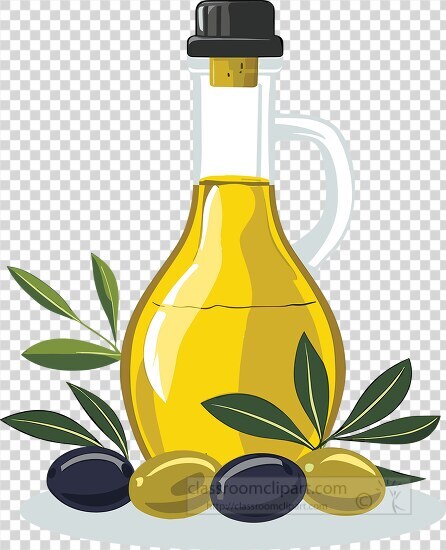 illustrated olive oil container surrounded by ripe olives and le