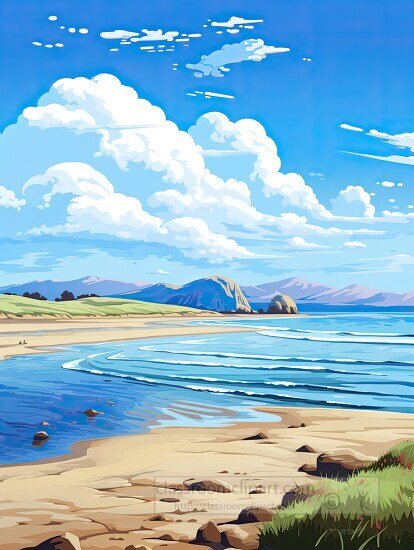 Illustration of a coastal bay with distant mountains