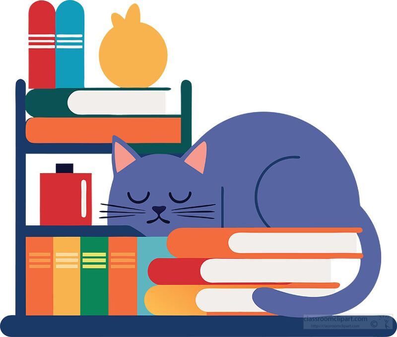 illustration of a napping cat resting on a bookshelf with a potted plant