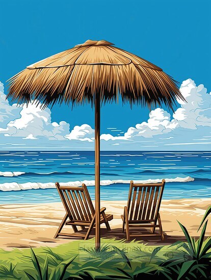 Illustration of a tropical beach with a straw umbrella and woode