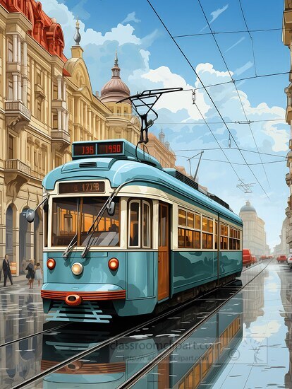 illustration of a vintage tram moving through a historical city 