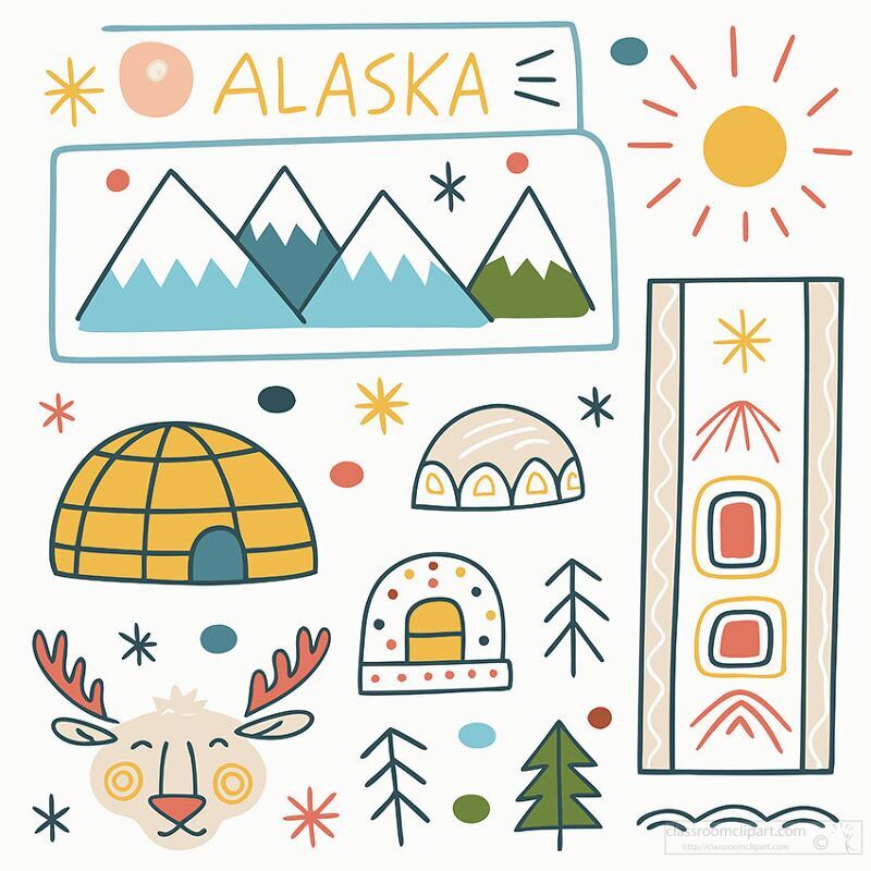 Hand-drawn clipart of Alaska featuring snowy mountains, igloos, evergreen trees, and a moose head, highlighting the state