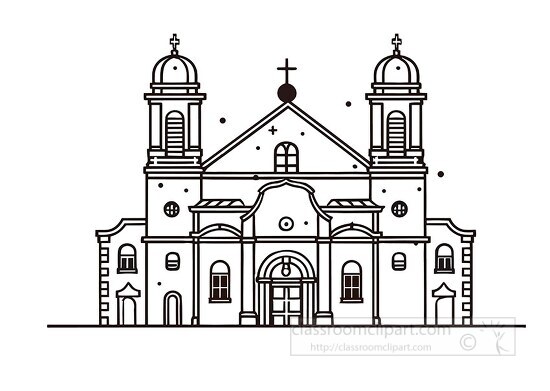 illustration of an old church with two towers black outline clip