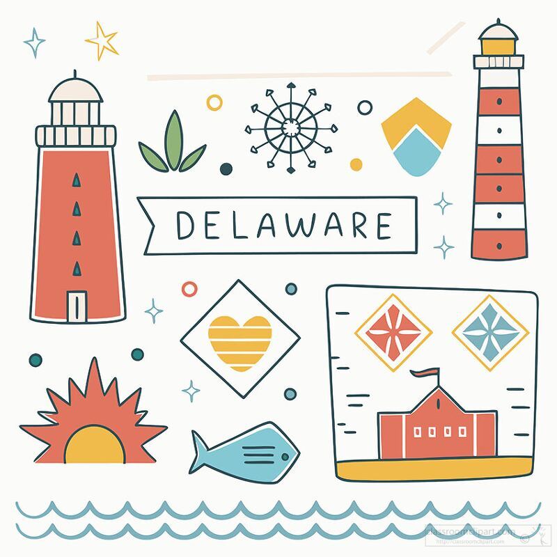 Illustration of Delaware featuring lighthouses waves