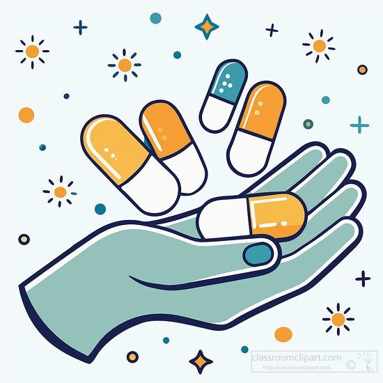 illustration of medicine capsules in a hand surrounded by elemen