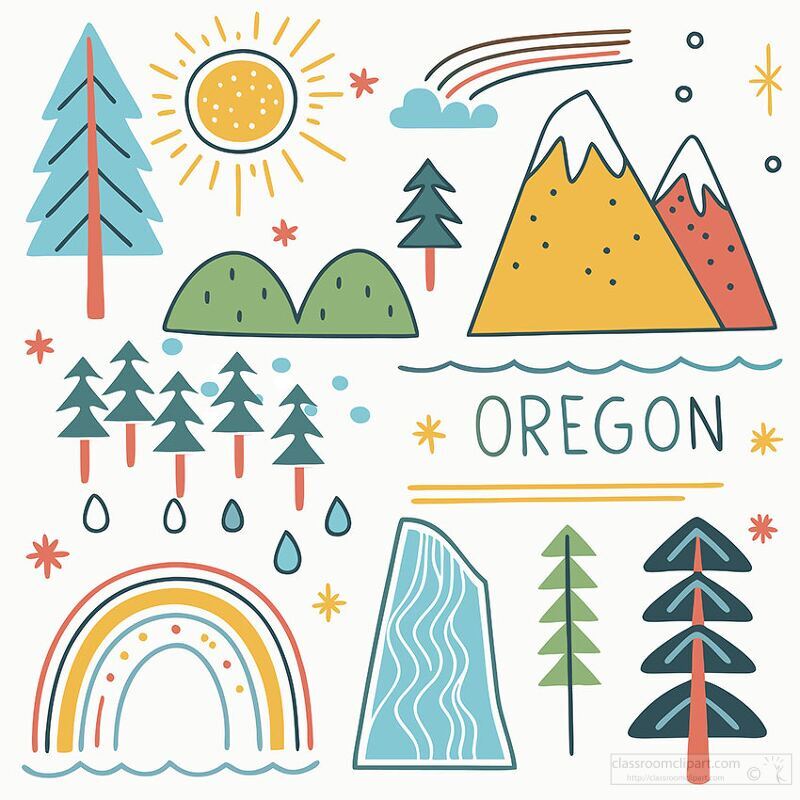 illustration of Oregon states diverse landscapes and symbols