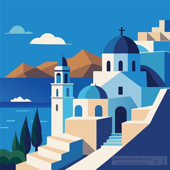 illustration of picturesque Greek village overlooking the ocean 