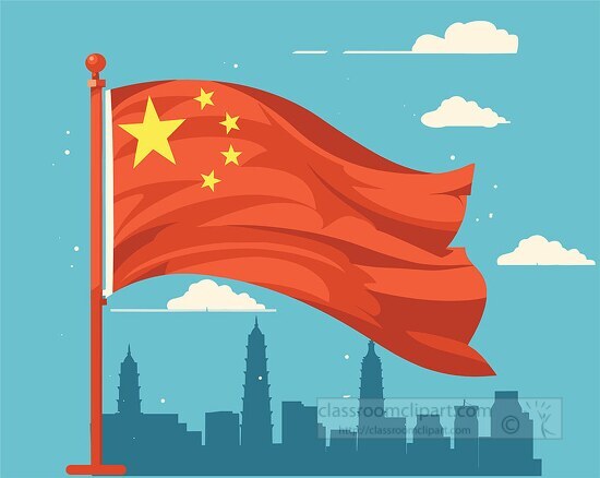 illustration of the chinese flag waving city skyline in china