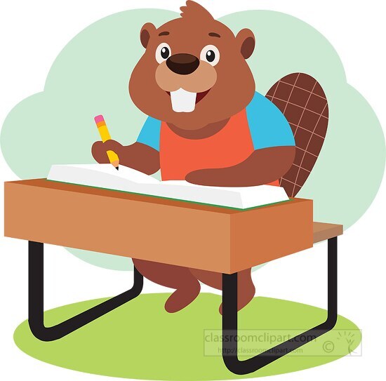 in clasroom beaver character sitting at desk clipart