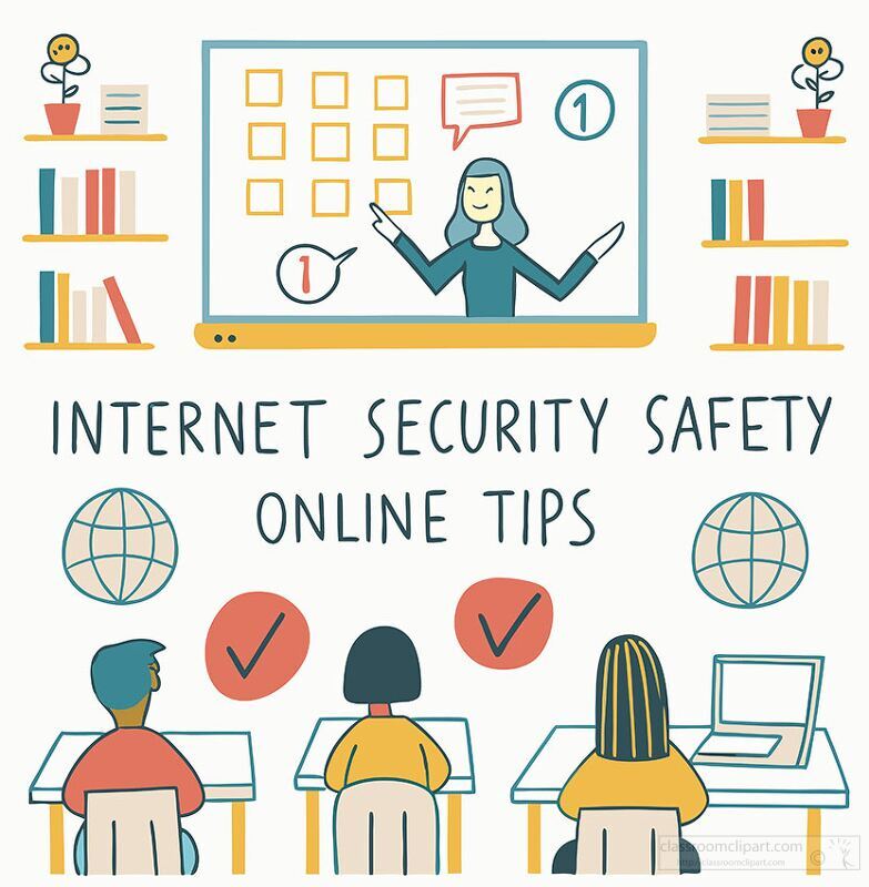 An illustration depicting a woman presenting internet security safety tips on a screen, with students seated at desks. The background features bookshelves and decorative plants, emphasizing a learning environment.