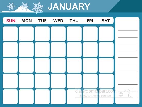 Blank January calendar template with empty date boxes and a notes section on the right