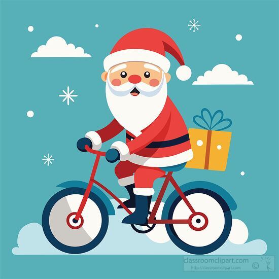 jolly Santa pedals a bike with a basket full of holiday goodies