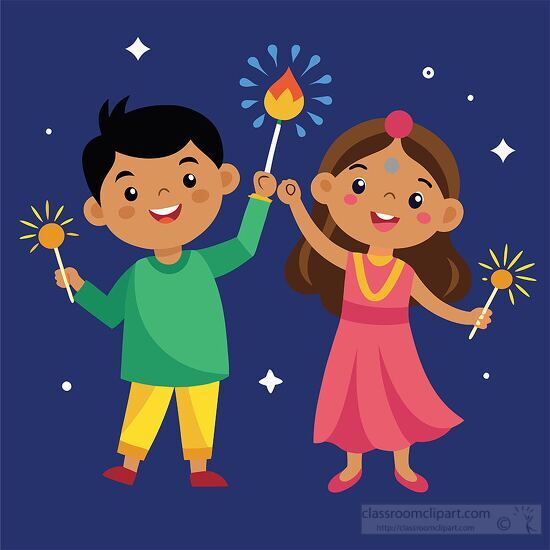 joyful boy and girl light sparklers and fireworks for Diwali cel