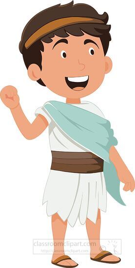 joyful boy wearing ancient greek clothing with a blue sash