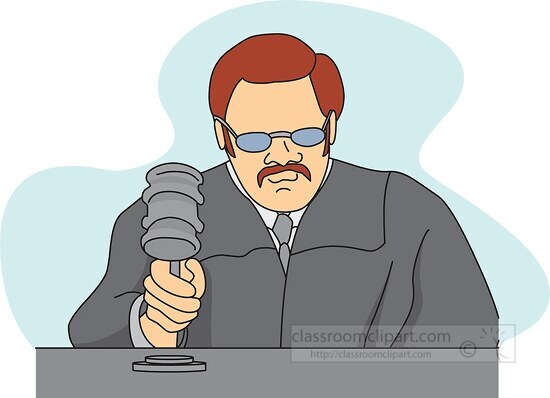 judge holding a gavel in his hand in a courtroom clip art