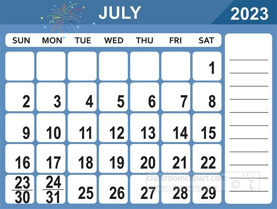july 2023 calendar with days of the week printable clipart