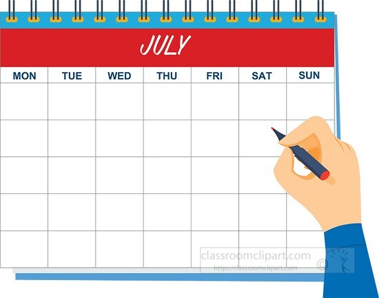july calendar with hand holding pen clipart