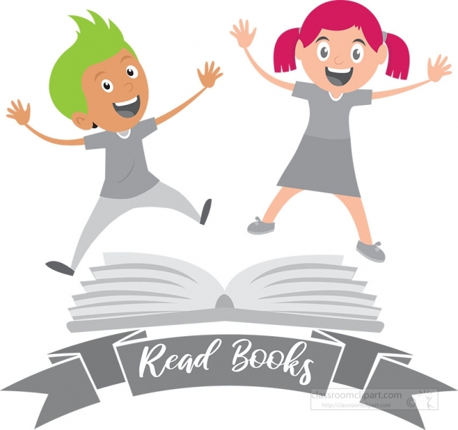 kids jumping in air over large read book sign gray color clipart