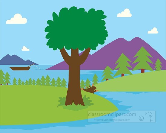 lake surrounded by mountains and trees clipart