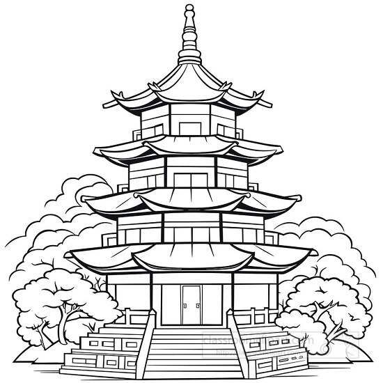 large chinese pagoda building black outline