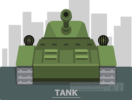 large green military tank with city in background clipart