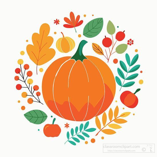 large orange pumpkin surrounded by colorful autumn leaves clipar