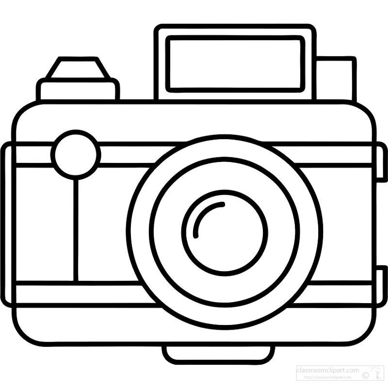 line art illustration of a DSLR camera with a detailed lens