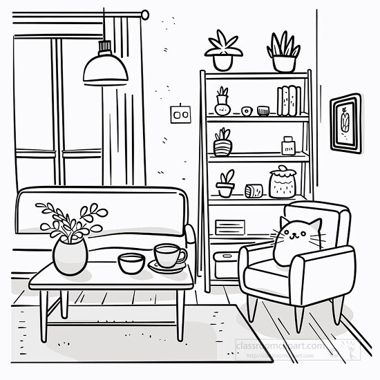 line art of a cozy living room with furniture plants and a cat o