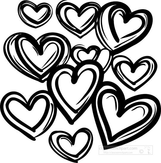 line drawing of black and white hearts