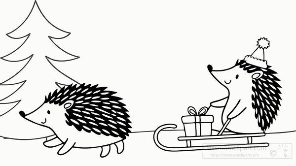 Line drawing of two hedgehogs with one pulling a sled holding a 