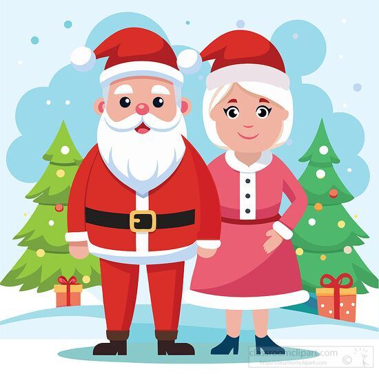 loving Santa Claus stands beside Mrs Claus