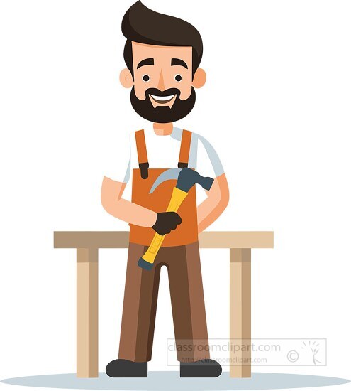 male carpenter with beard and overalls at a workbench