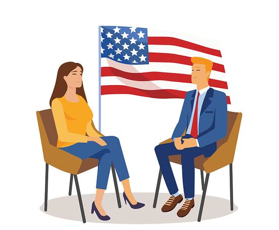 man and woman seated in chairs in a conversation clipart