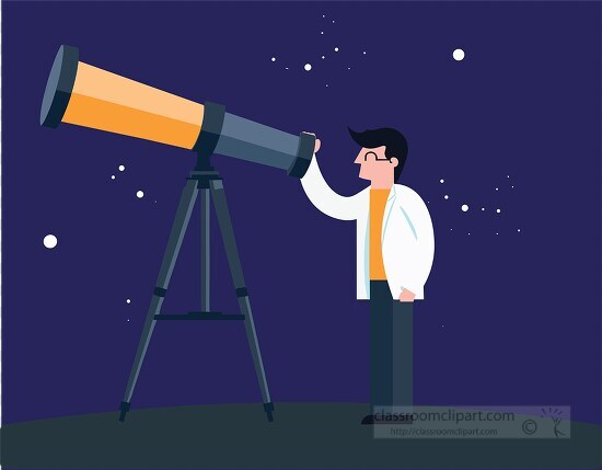 man in a white coat observing the night sky with a telescope