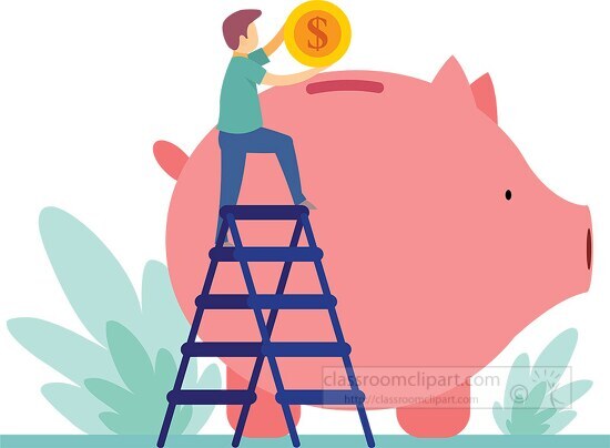 man on ladder dropping coin in piggy bank clipart