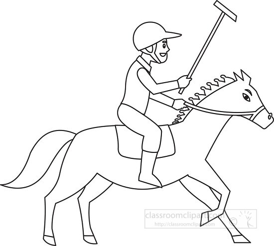 man sitting on his horse holding polo stick sports black outline