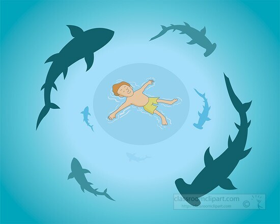 man swimming in ocean unaware of surrounding sharks clipart