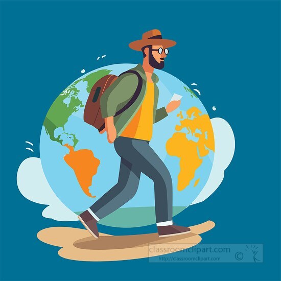 man traveling around the world shown walking in front of earth g