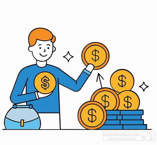 man with red hair saving money in a blue piggy bank