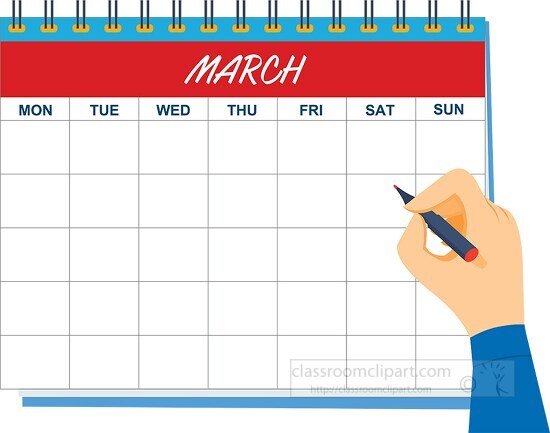 march calendar with hand holding pen clipart