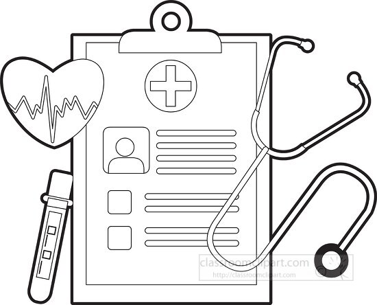 medical concept with clipboard heart stethoscope blood vial prin