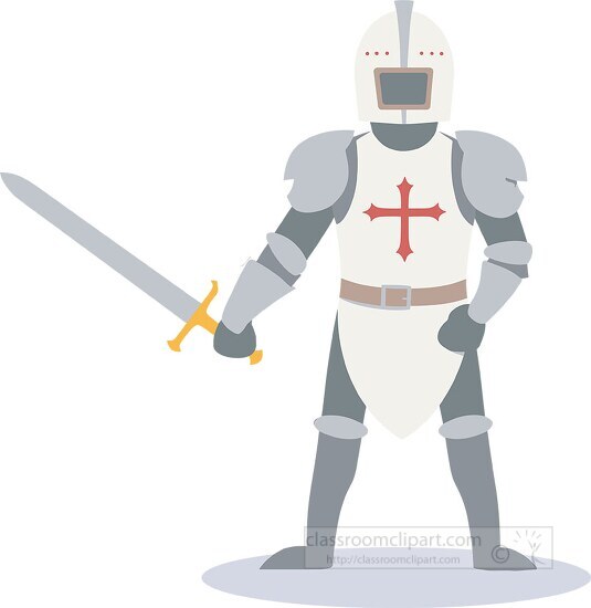 medieval knight in full battle gear with a red cross on his ches