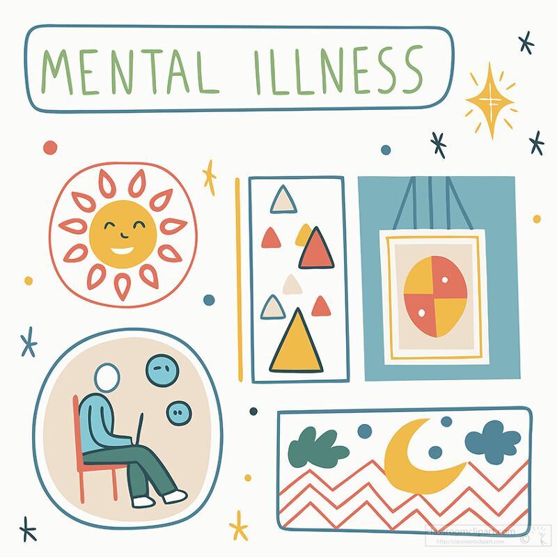 Illustration of mental health concepts with a sun, a person in therapy, and symbolic shapes