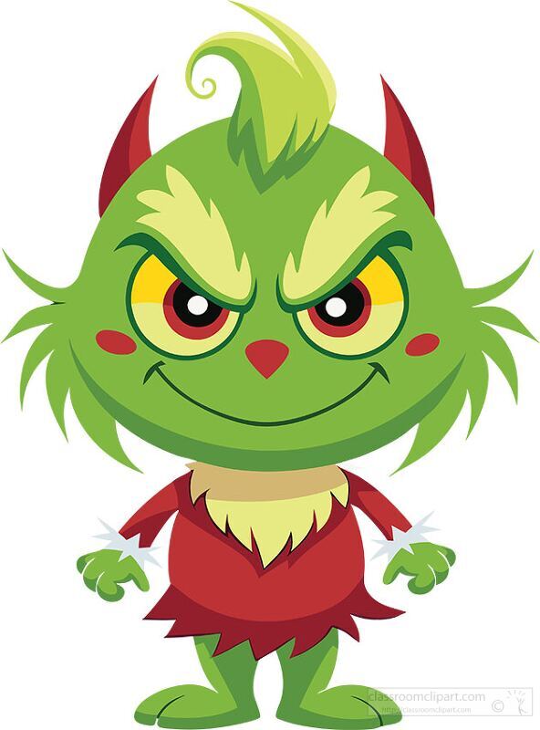 mischievous green character with a sly grin wearing red and green