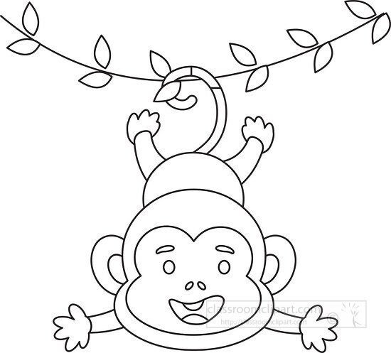 monkey hanging from a tree branch with a smile black outline clipartip art