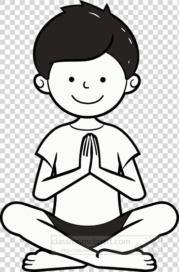 monochrome clipart of a young boy meditating in a lotus position