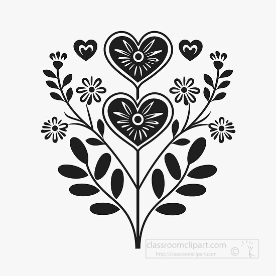 monochrome vector bouquet with heart shaped flowers and swirling