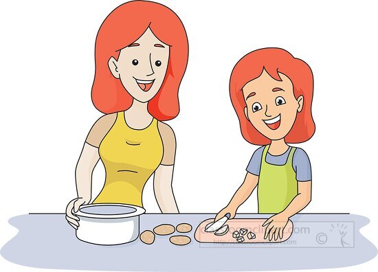 mother and daughter baking in kitchen clip art