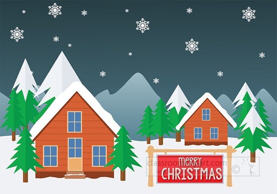 mountains with houses christmas trees in the winter night clipar