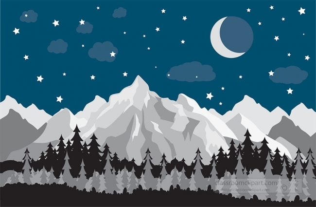 mountains with moon in the sky 2 gray color clipart